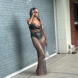 Rhinestone mesh dress with hood. Beyoncé concert attire.